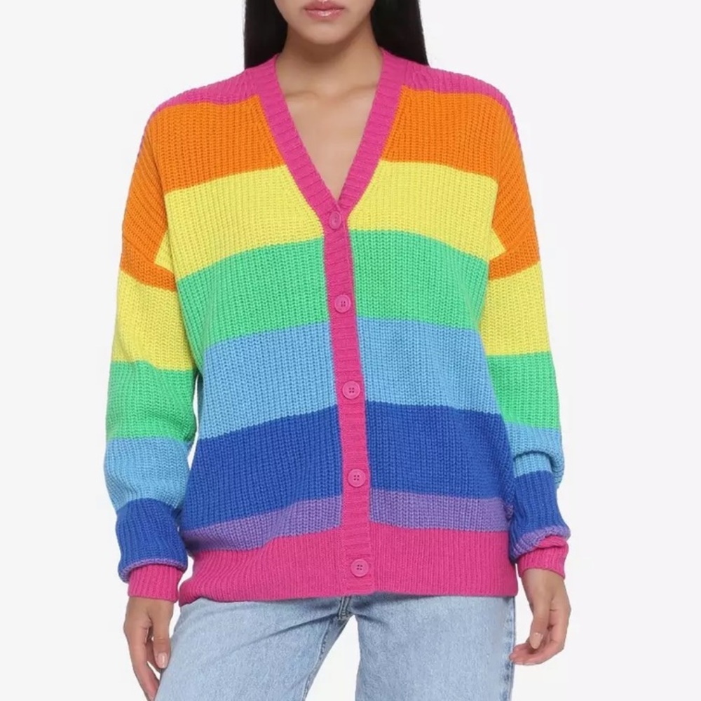 Hot Topic Rainbow Stripe Chunky Knit Cardigan